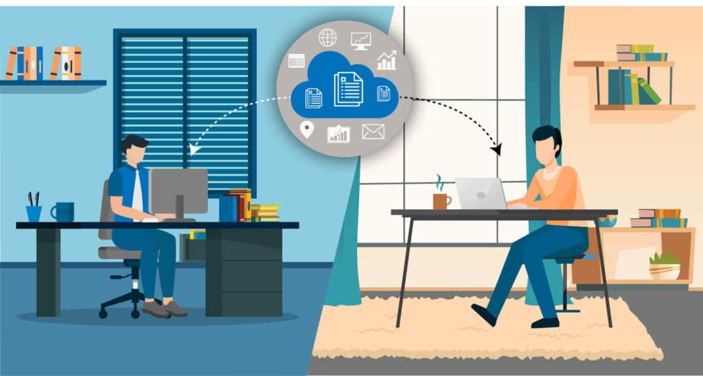 illustration of remote worker and hybrid worker sharing documents