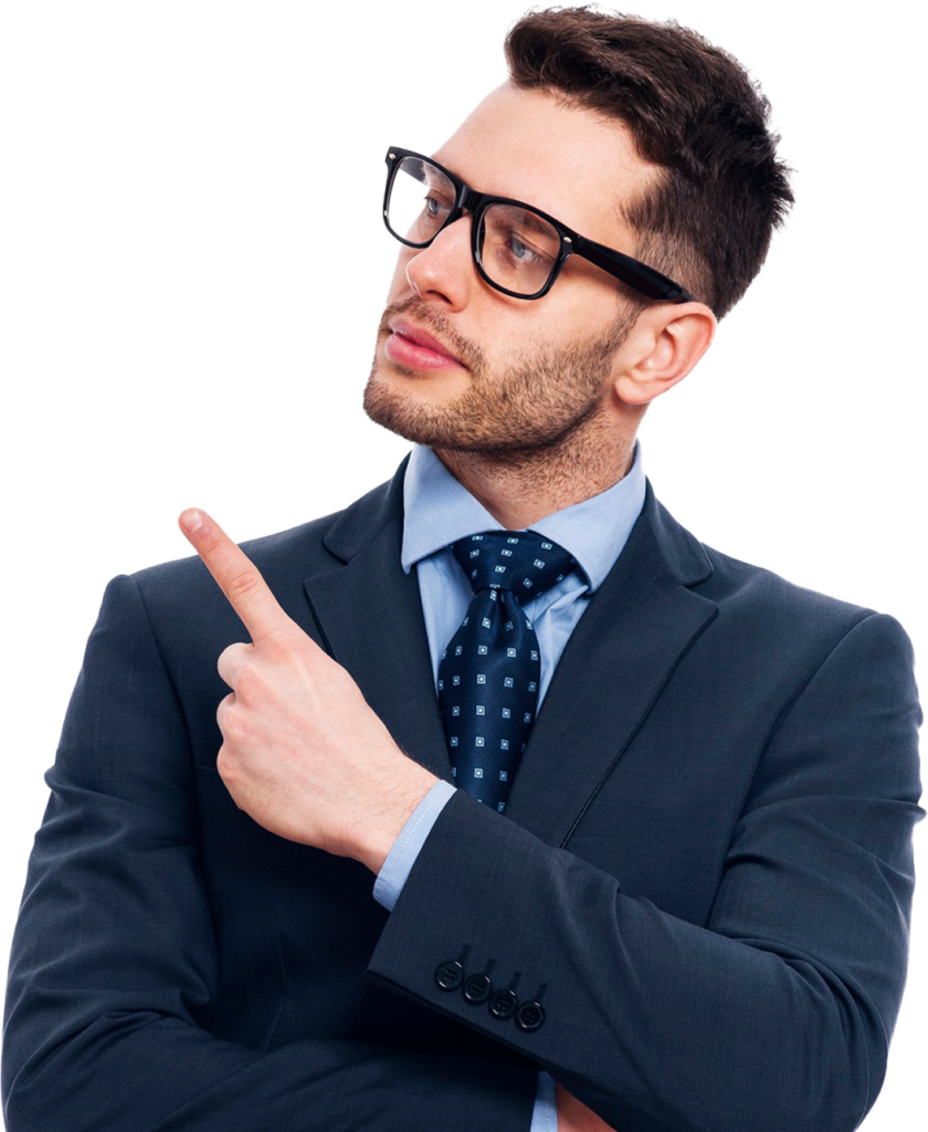 young business man pointing over shoulder