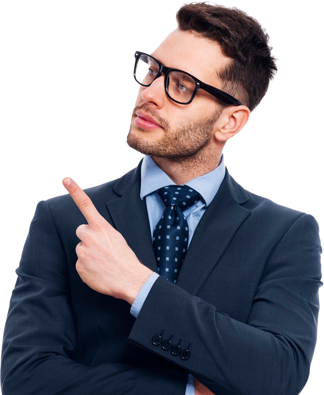 young business man pointing over shoulder