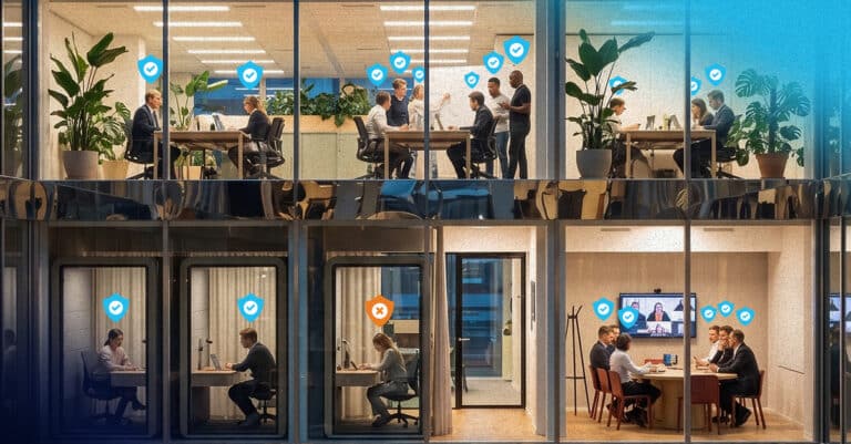 Glass-walled office building with several meeting rooms; professionals work at desks and a video conference screen visible, blue check icons signaling security.