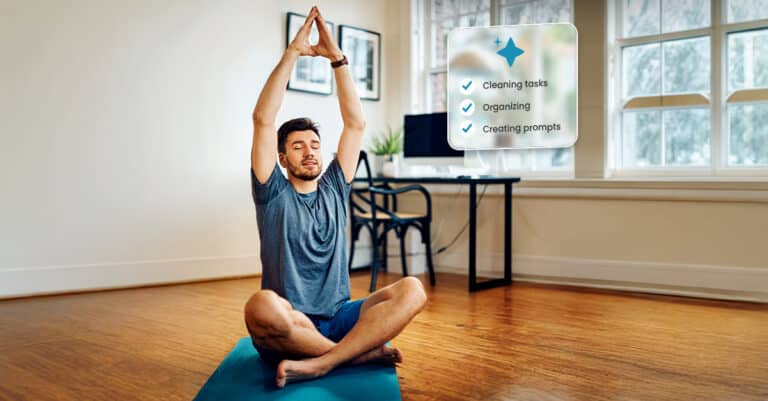 Man meditating on a blue yoga mat in a bright room, arms raised, with a translucent checklist showing completed tasks.