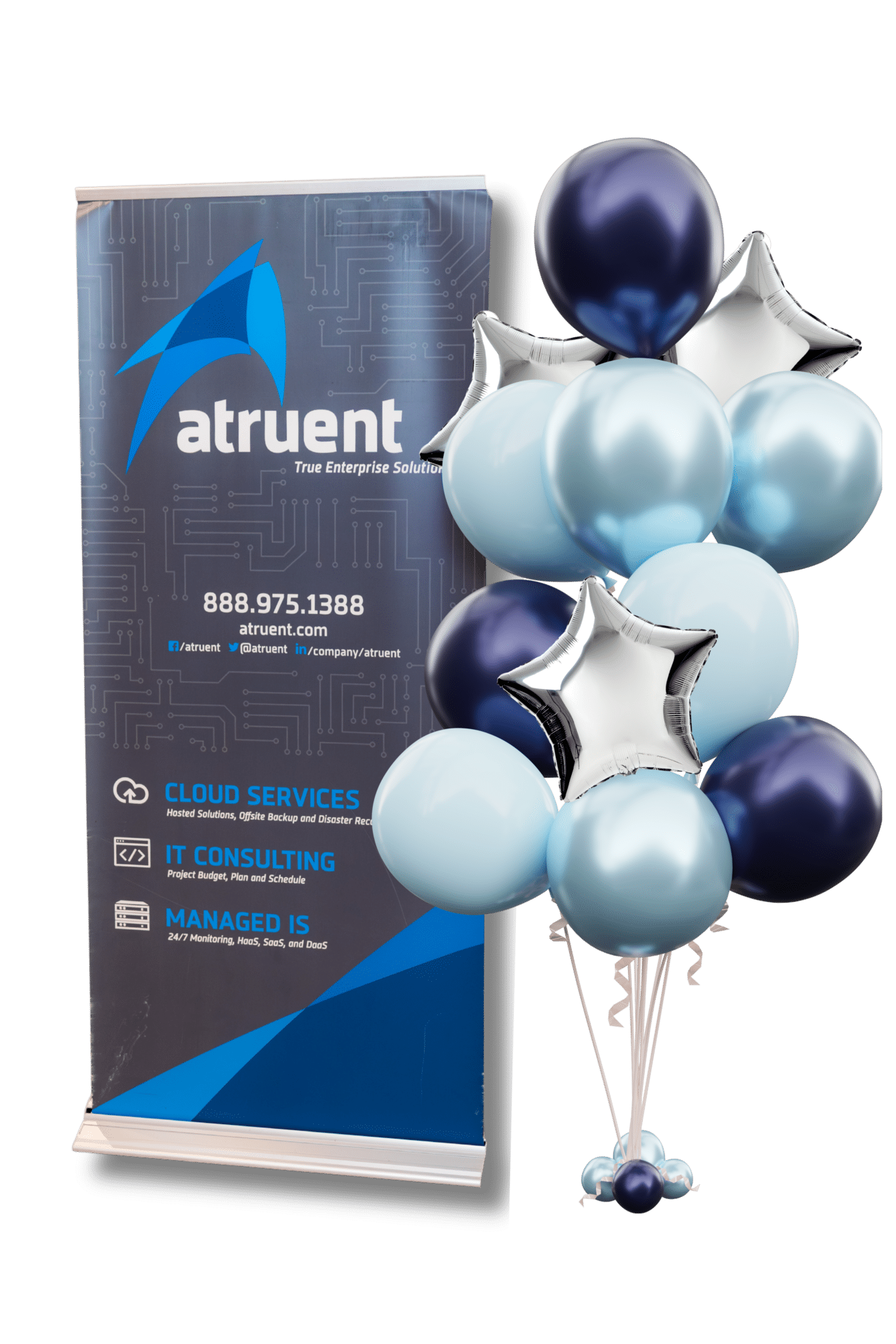 Atruent promotional brochure with a circuit-background design, surrounded by blue and silver balloons, for cloud services and IT consulting.