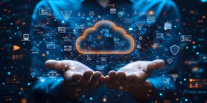 Hands cupping a glowing cloud icon with digital icons orbiting around, illustrating cloud computing and data storage.