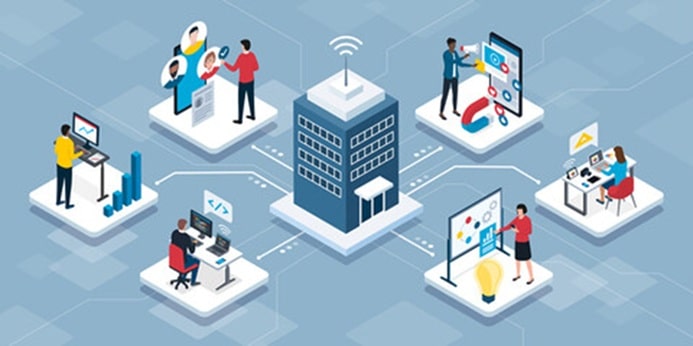 Isometric illustration of a central server connected to five platforms with people handling data, charts, and devices, representing IT infrastructure and cloud networking.